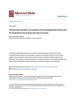The German Gamble: an Analysis of the Energiewende Policy and Its Implications for Energy Security in Europe