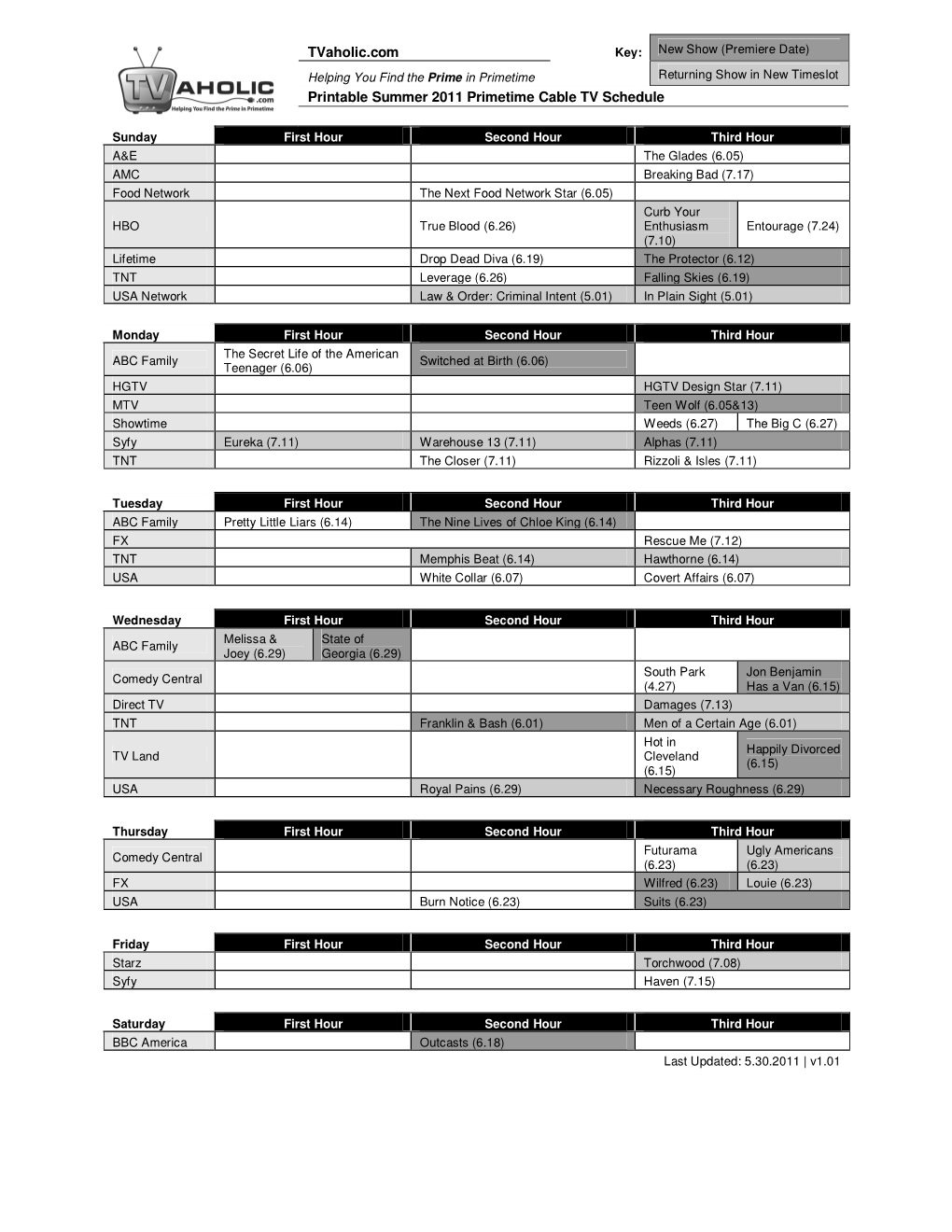 Tvaholic.Com Printable Summer 2011 Primetime Cable TV Schedule