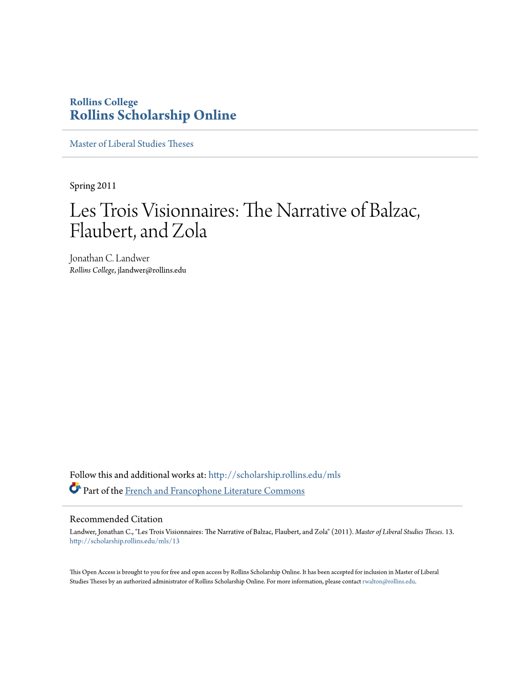 Les Trois Visionnaires: the Narrative of Balzac, Flaubert, and Zola