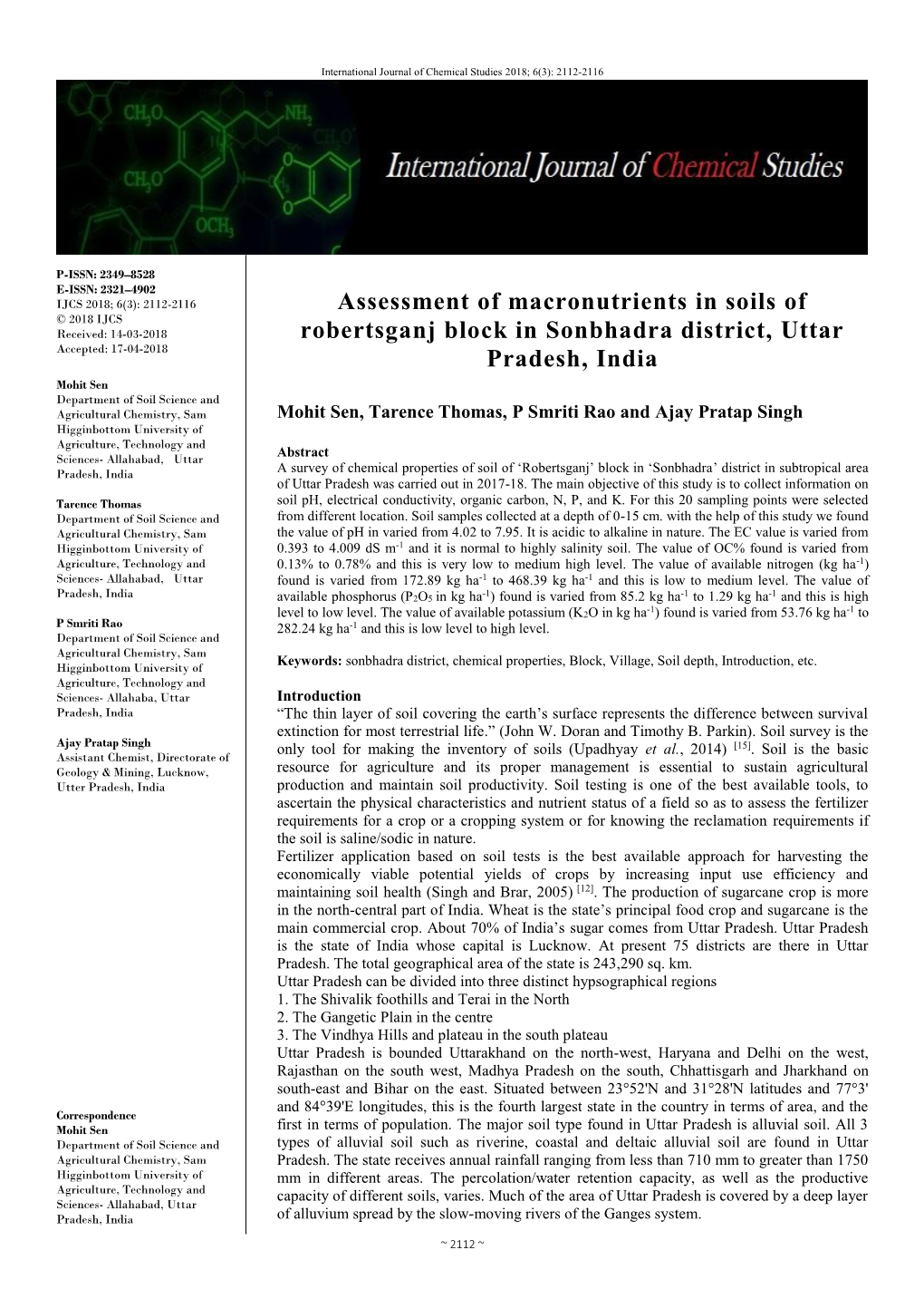 Assessment of Macronutrients in Soils of Robertsganj Block in Sonbhadra