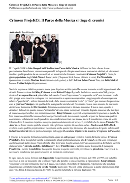 Crimson Projekct. Il Parco Della Musica Si Tinge Di Cremisi Pubblicato Su Gothicnetwork.Org (