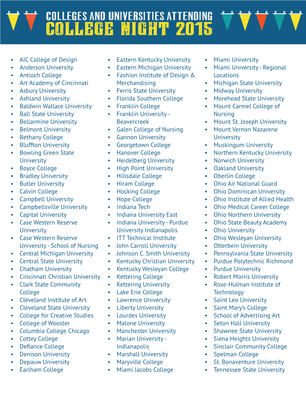 Colleges and Universities Attending College Night 2015