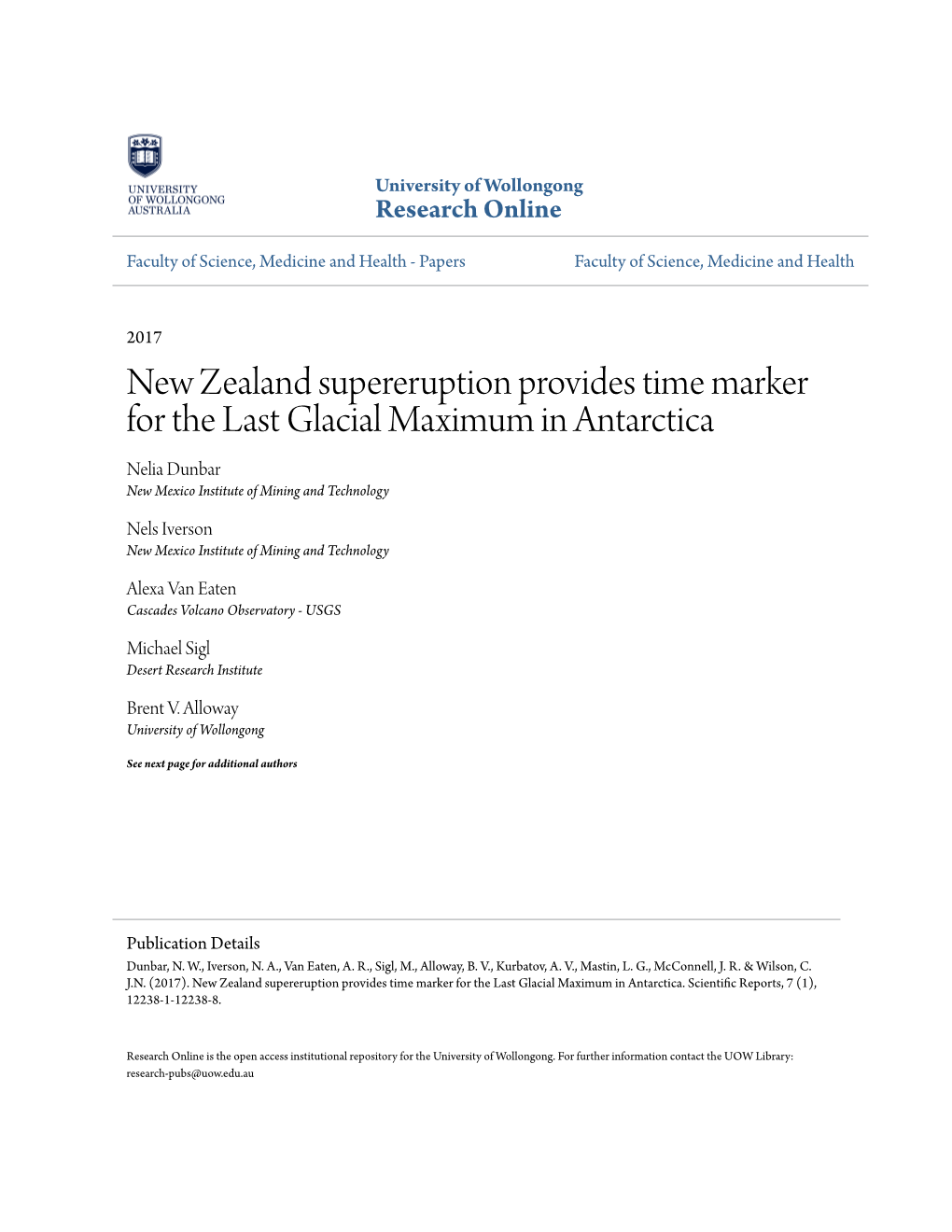 New Zealand Supereruption Provides Time Marker for the Last Glacial Maximum in Antarctica Nelia Dunbar New Mexico Institute of Mining and Technology