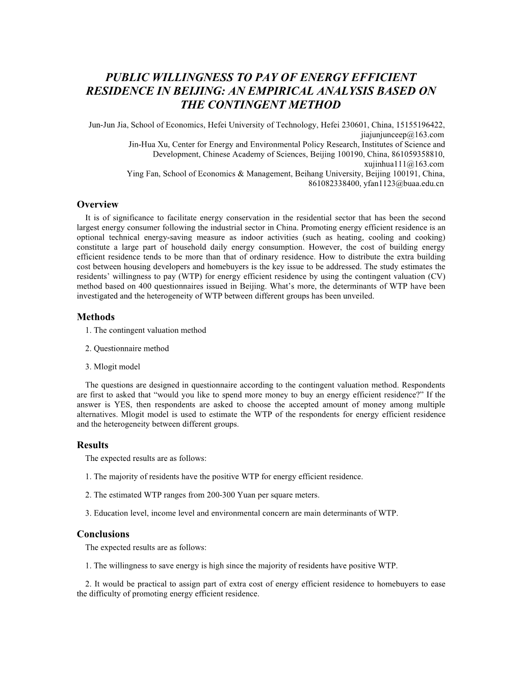 Public Willingness to Pay of Energy Efficient Residence in Beijing: an Empirical Analysis Based on the Contingent Method