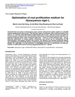 Optimization of Root Proliferation Medium for Hyoscyamus Niger L