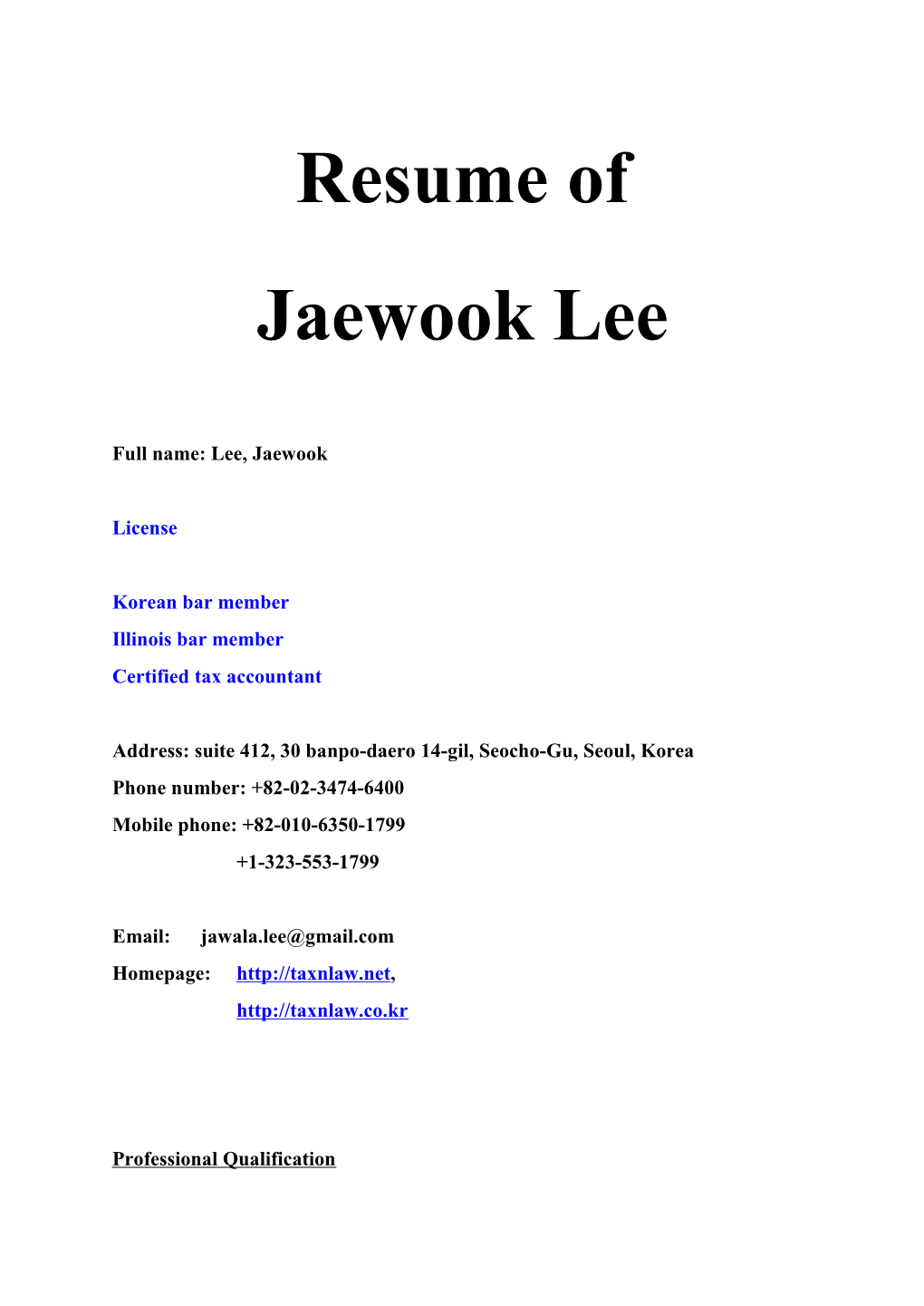 Resume of Jaewook Lee