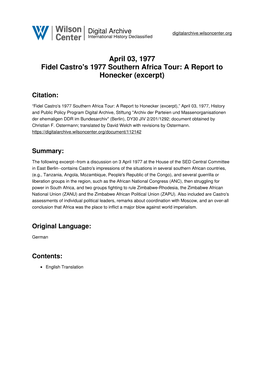 April 03, 1977 Fidel Castro's 1977 Southern Africa Tour: a Report to Honecker (Excerpt)
