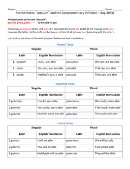 “Possum” and the Complementary Infinitive – Aug 30/31