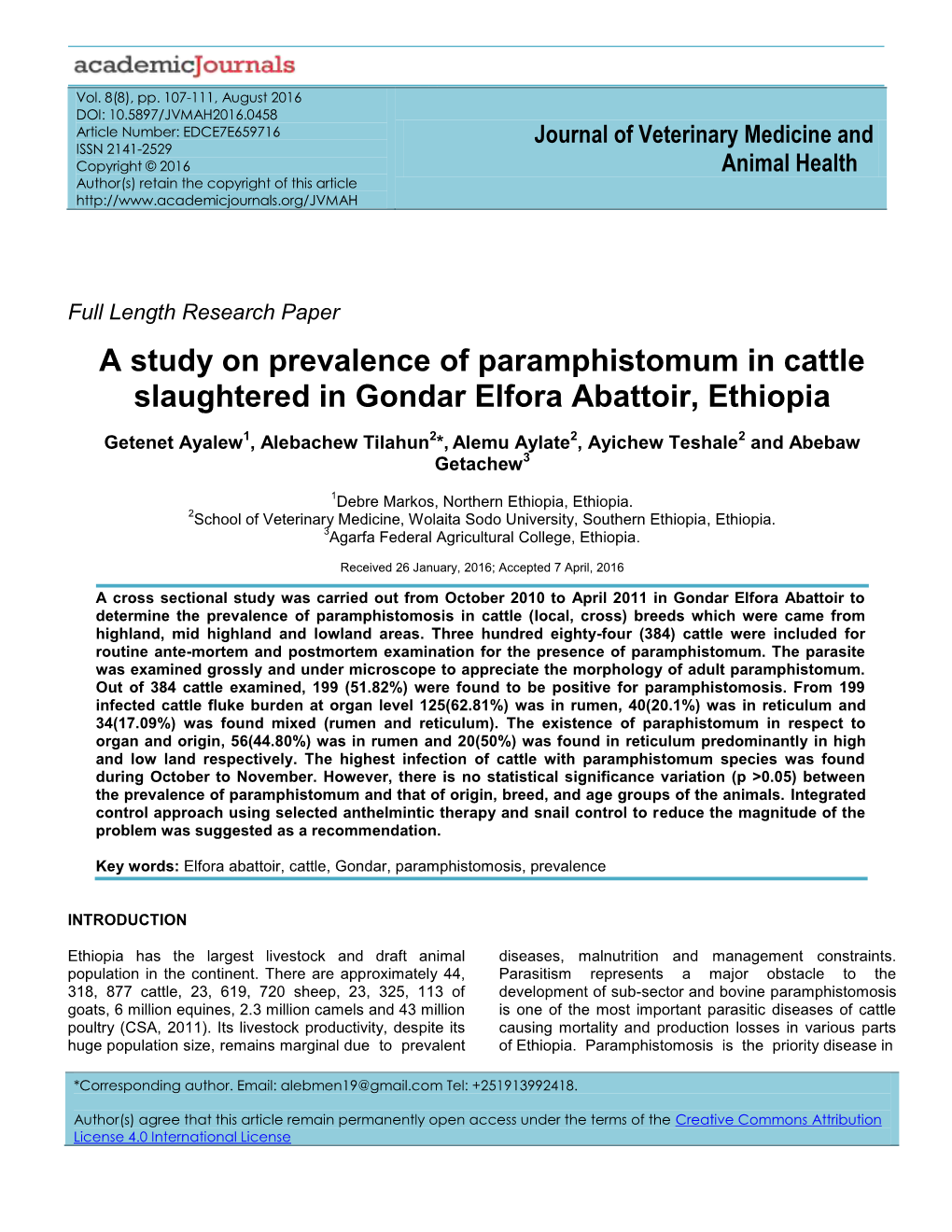 A Study on Prevalence of Paramphistomum in Cattle Slaughtered in Gondar Elfora Abattoir, Ethiopia