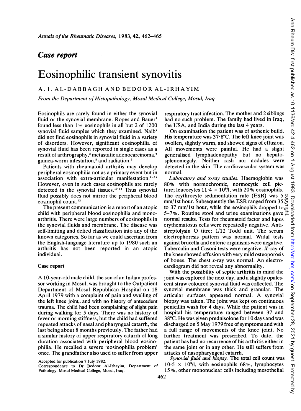 Eosinophilic Transient Synovitis