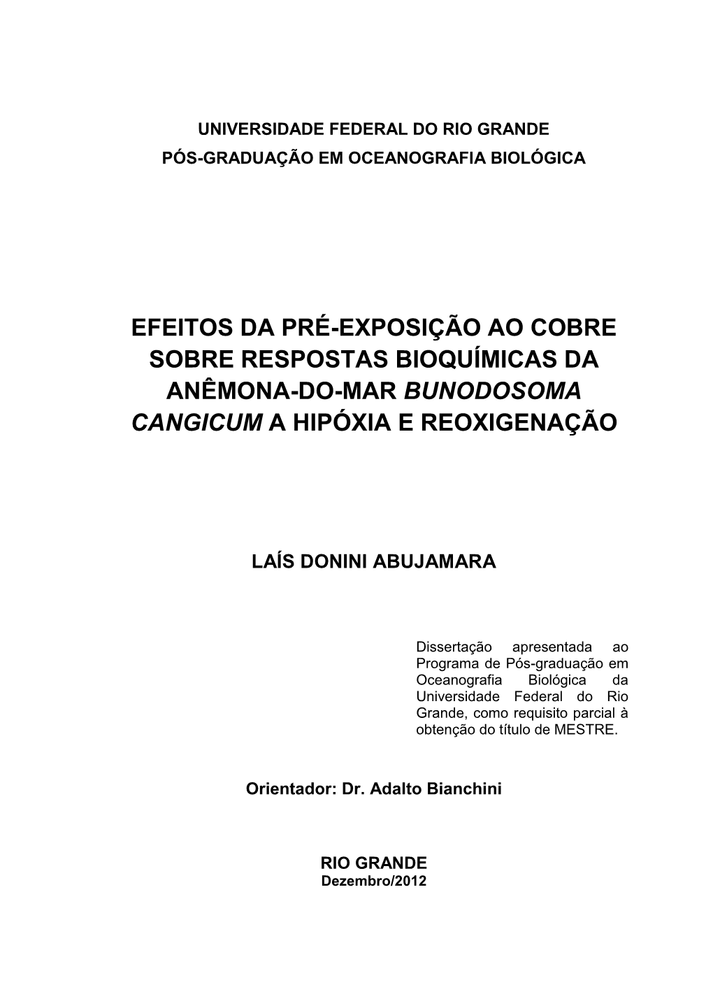 Efeitos Da Pré-Exposição Ao Cobre Sobre Respostas Bioquímicas Da Anêmona-Do-Mar Bunodosoma Cangicum a Hipóxia E Reoxigenação