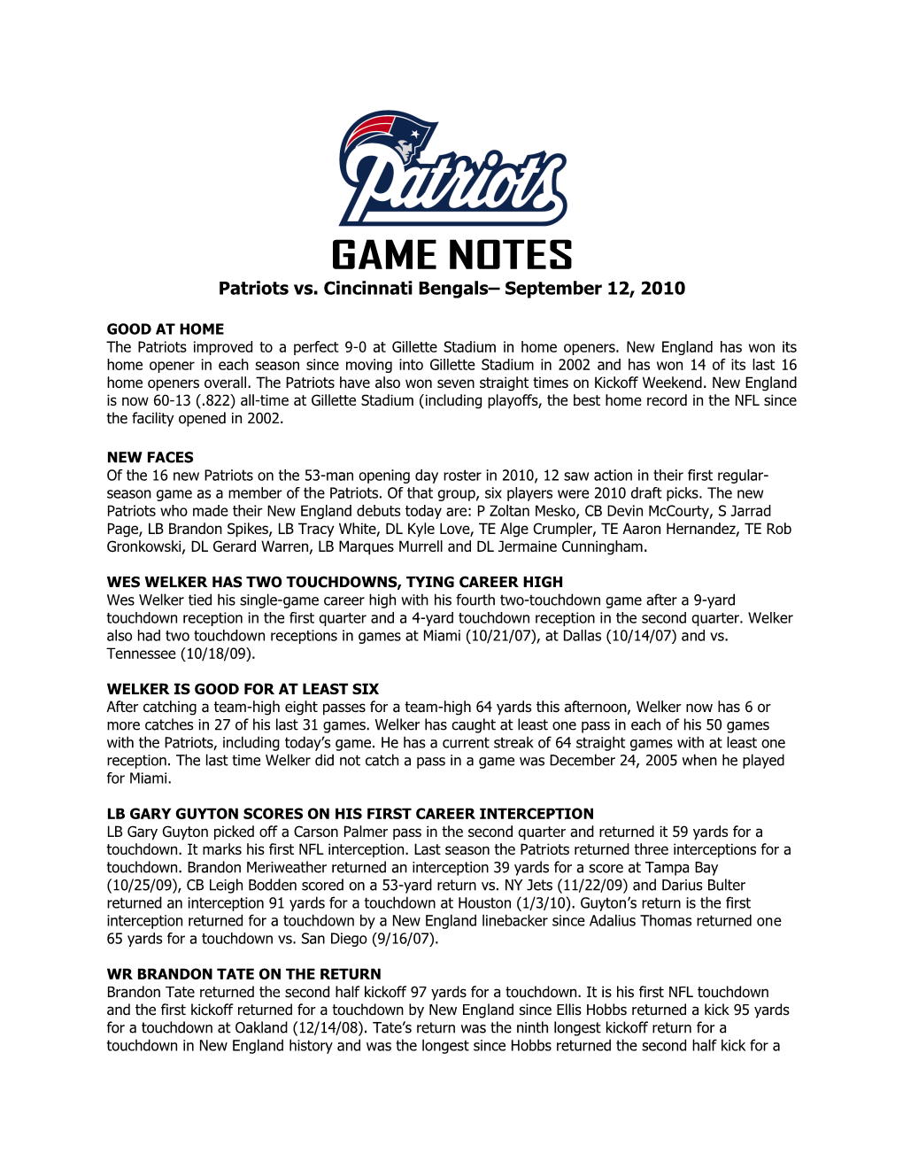 GAME NOTES Patriots Vs