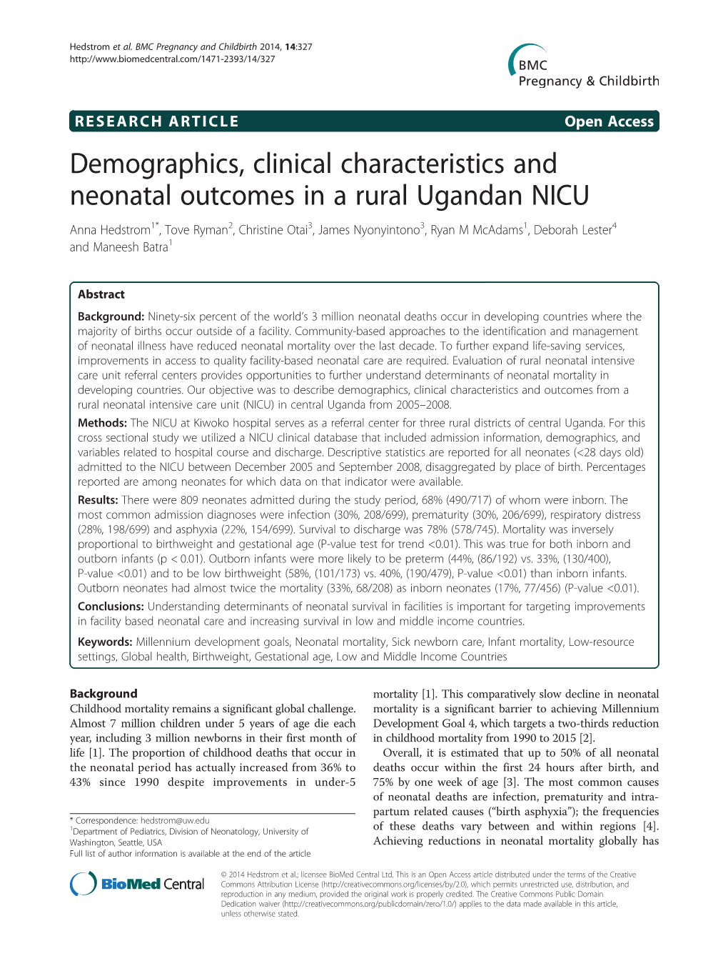 Demographics, Clinical Characteristics and Neonatal Outcomes in a Rural Ugandan NICU