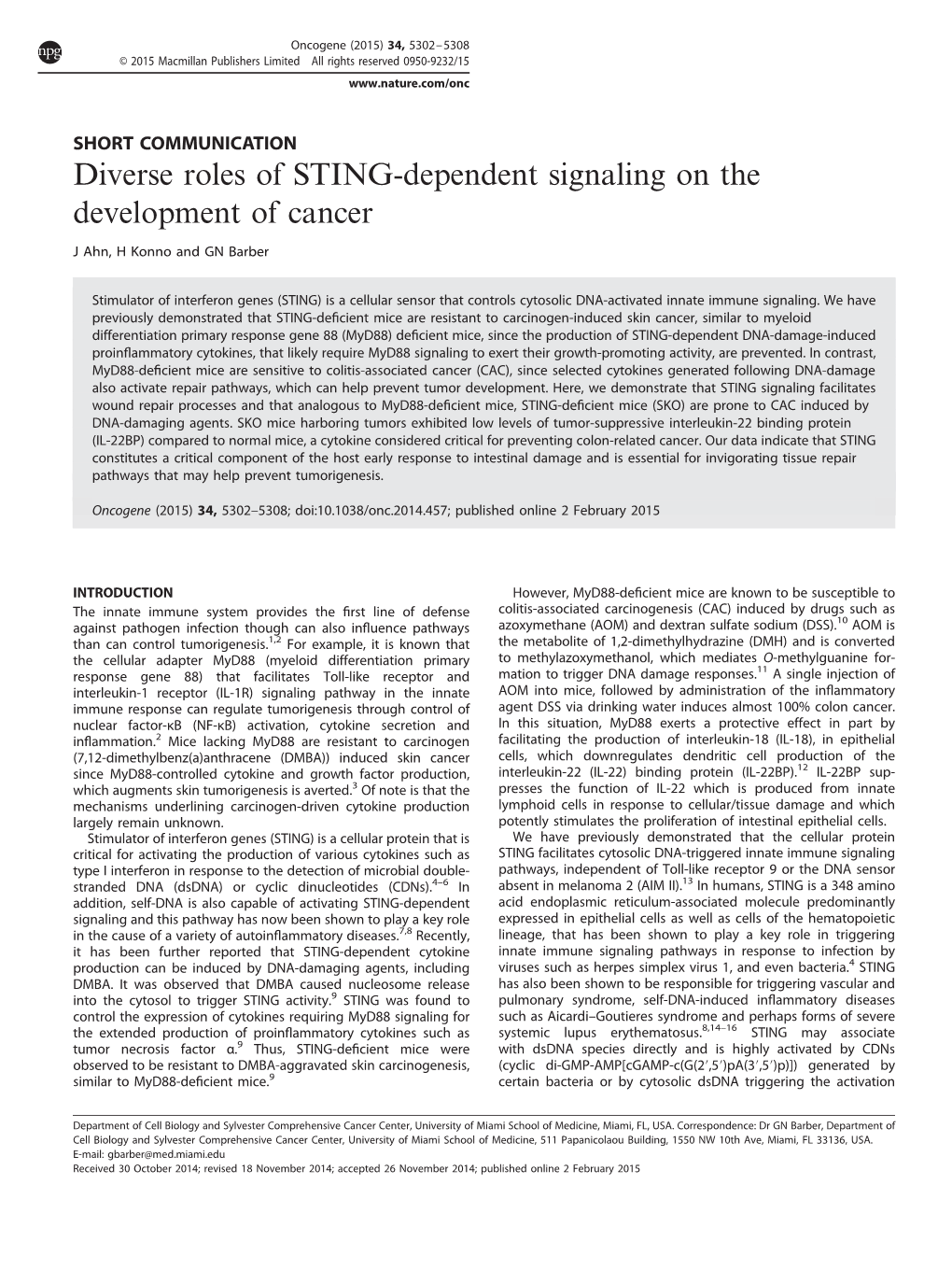 Diverse Roles of STING-Dependent Signaling on the Development of Cancer