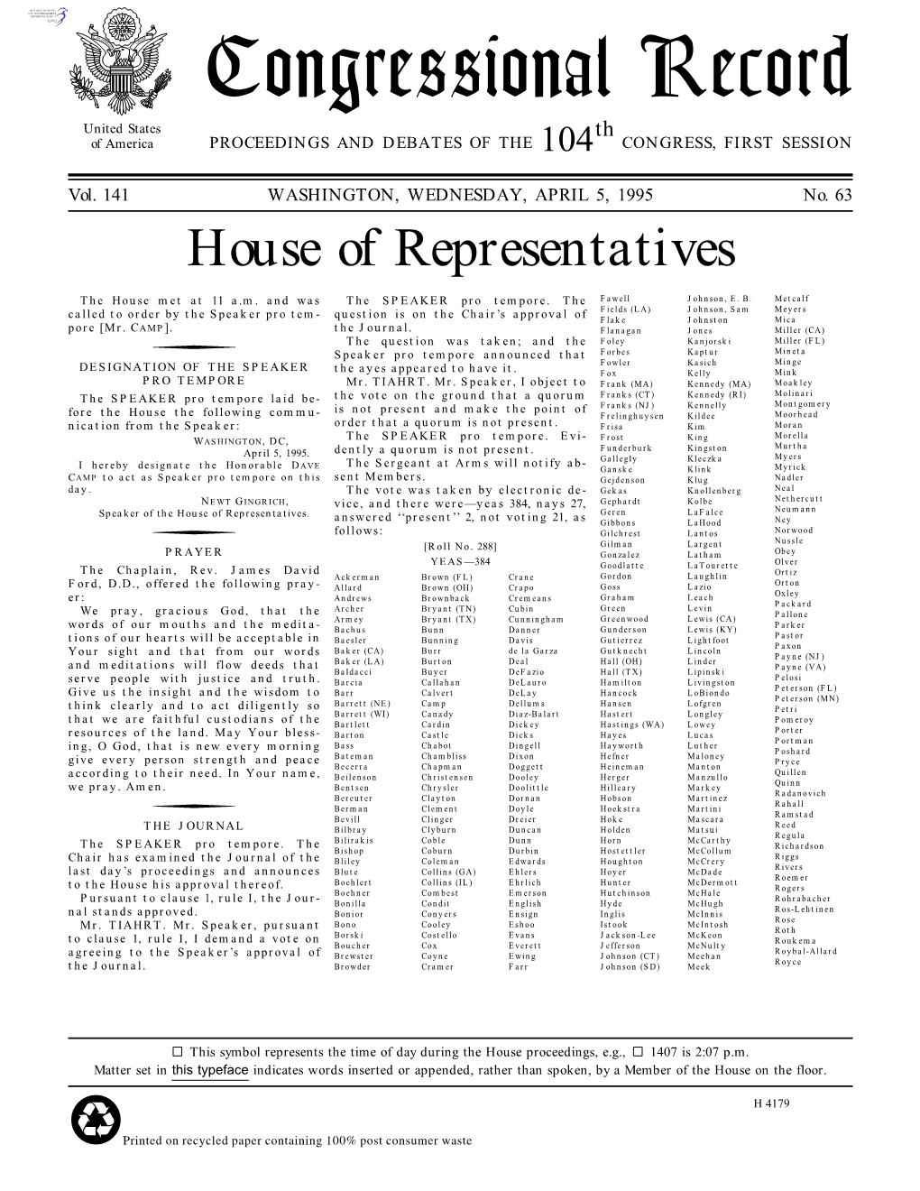 Congressional Record United States Th of America PROCEEDINGS and DEBATES of the 104 CONGRESS, FIRST SESSION