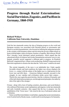 Progress Through Racial Extermination: Social Darwinism, Eugenics, and Pacifism in Germany, 1860-1918