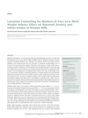 Lactation Counseling for Mothers of Very Low Birth Weight Infants: Effect on Maternal Anxiety and Infant Intake of Human Milk