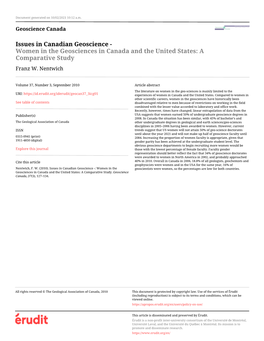 Issues in Canadian Geoscience - Women in the Geosciences in Canada and the United States: a Comparative Study Franz W