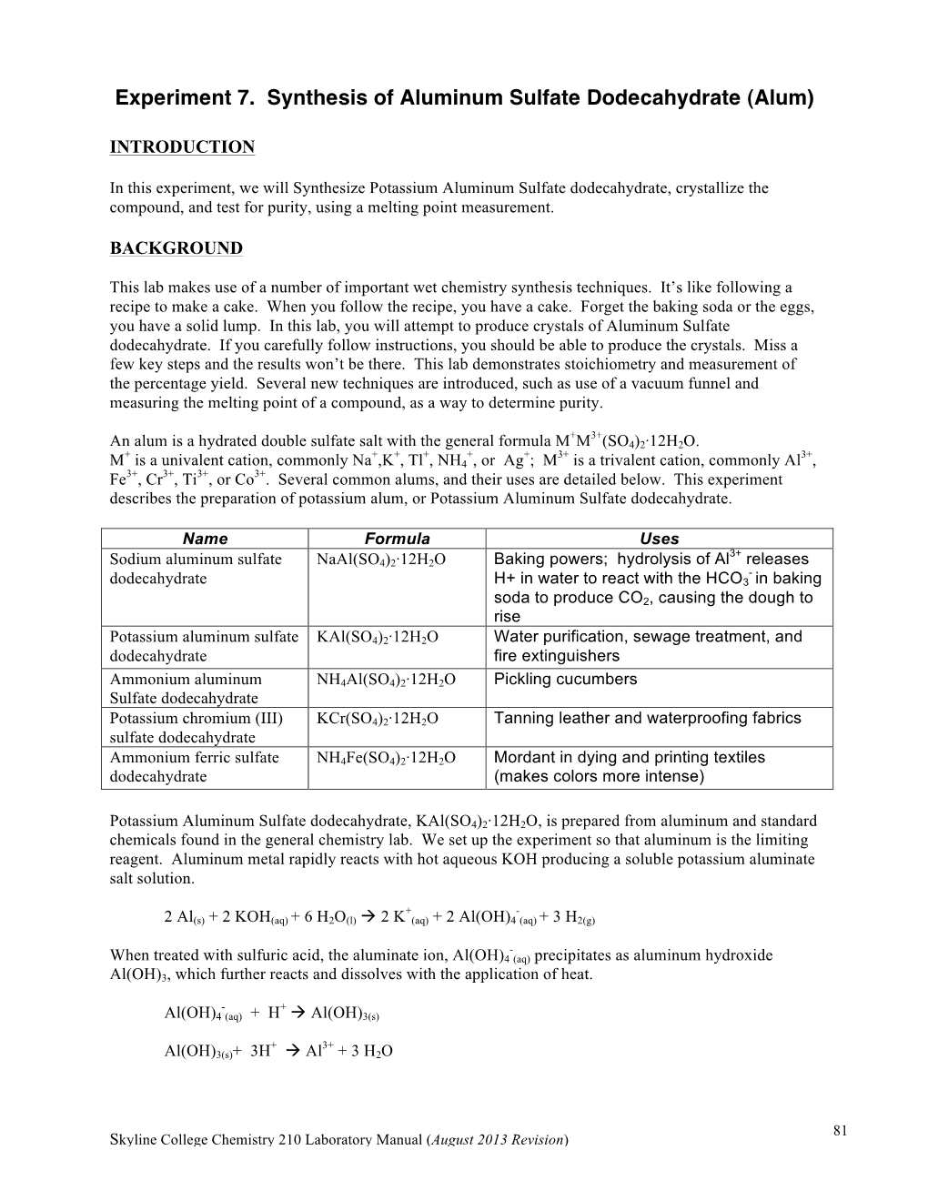 Experiment 7. Synthesis of Aluminum Sulfate Dodecahydrate (Alum)