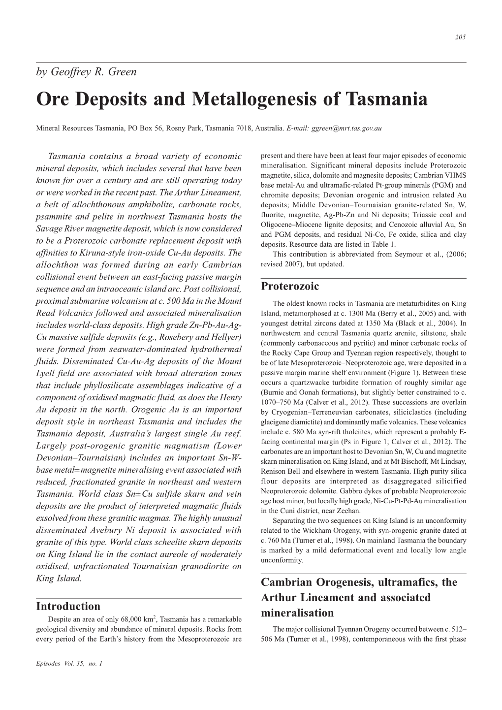 Ore Deposits and Metallogenesis of Tasmania