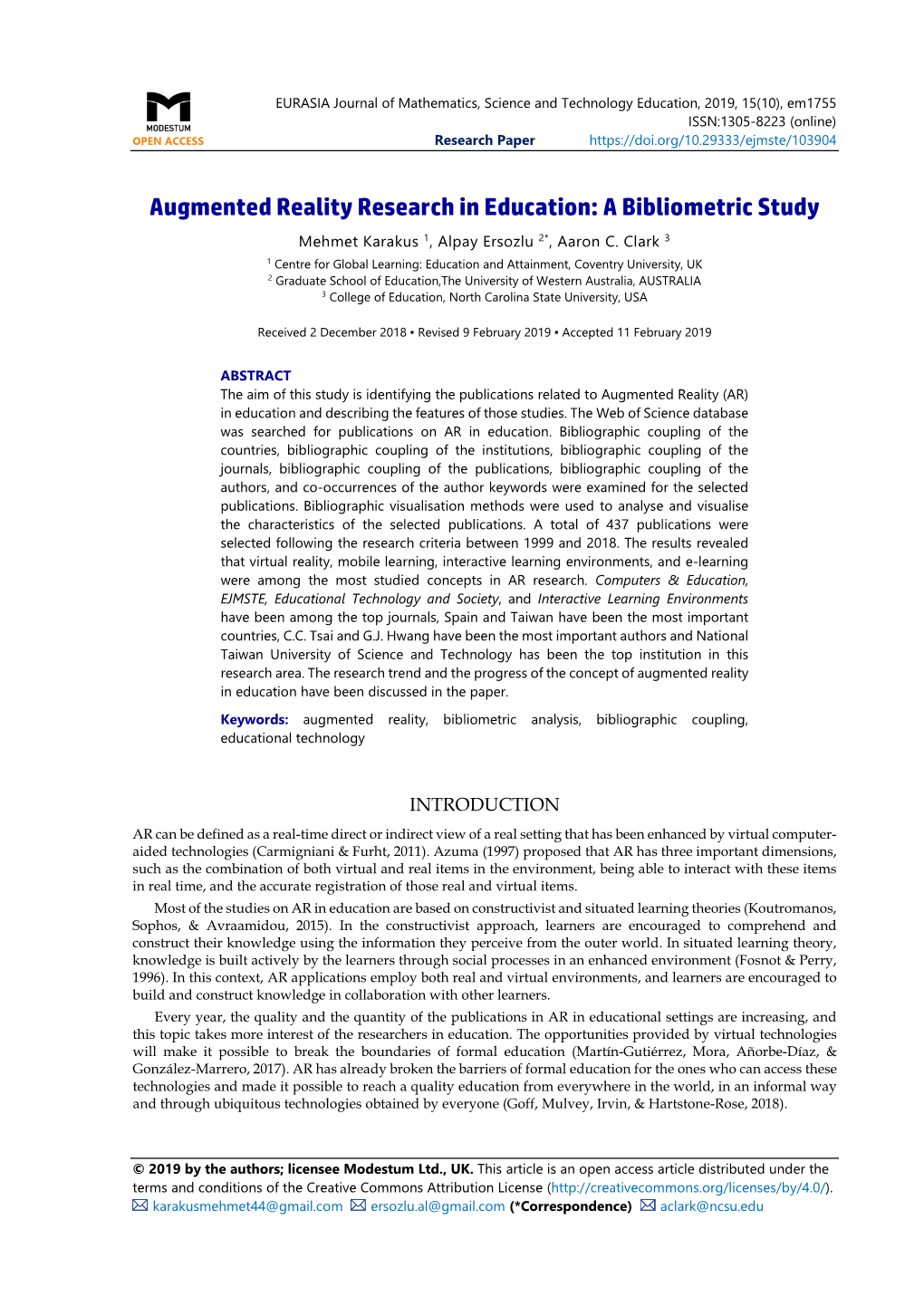 Augmented Reality Research in Education: a Bibliometric Study