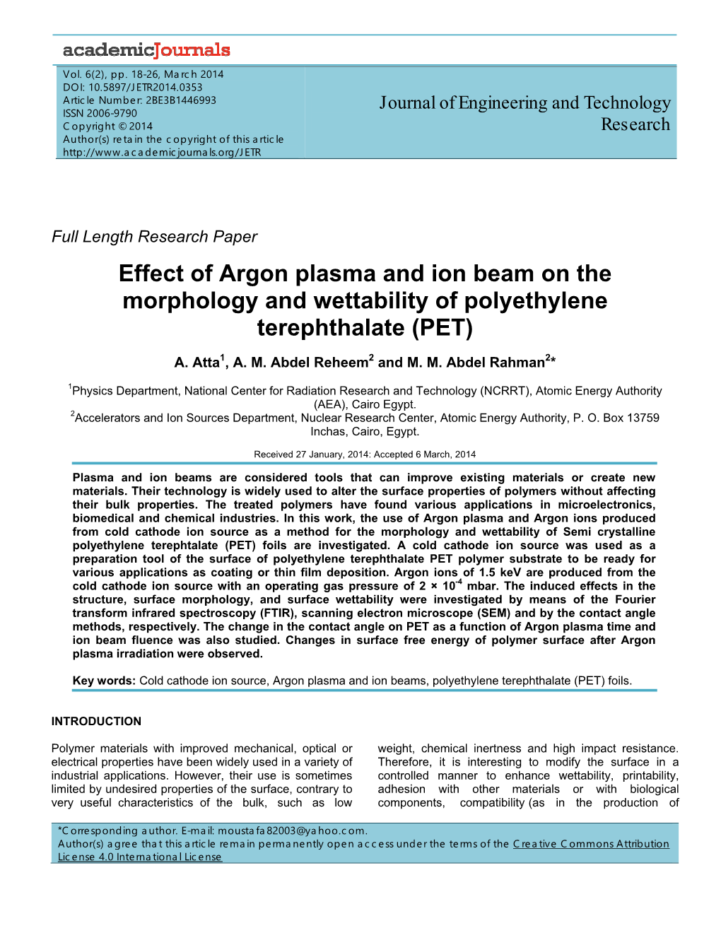 Effect of Argon Plasma and Ion Beam on the Morphology and Wettability of Polyethylene Terephthalate (PET)