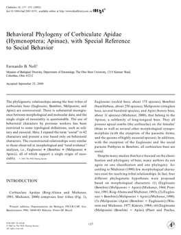 Behavioral Phylogeny of Corbiculate Apidae (Hymenoptera; Apinae), with Special Reference to Social Behavior