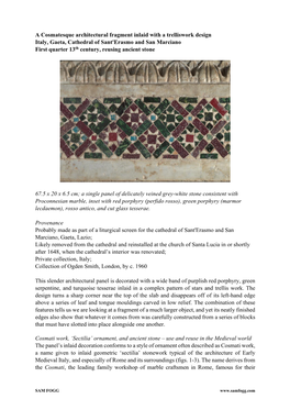 A Cosmatesque Architectural Fragment Inlaid with a Trelliswork Design Italy