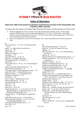 Index of Operators' Names to Route Numbers