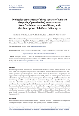 Molecular Assessment of Three Species of Anilocra (Isopoda