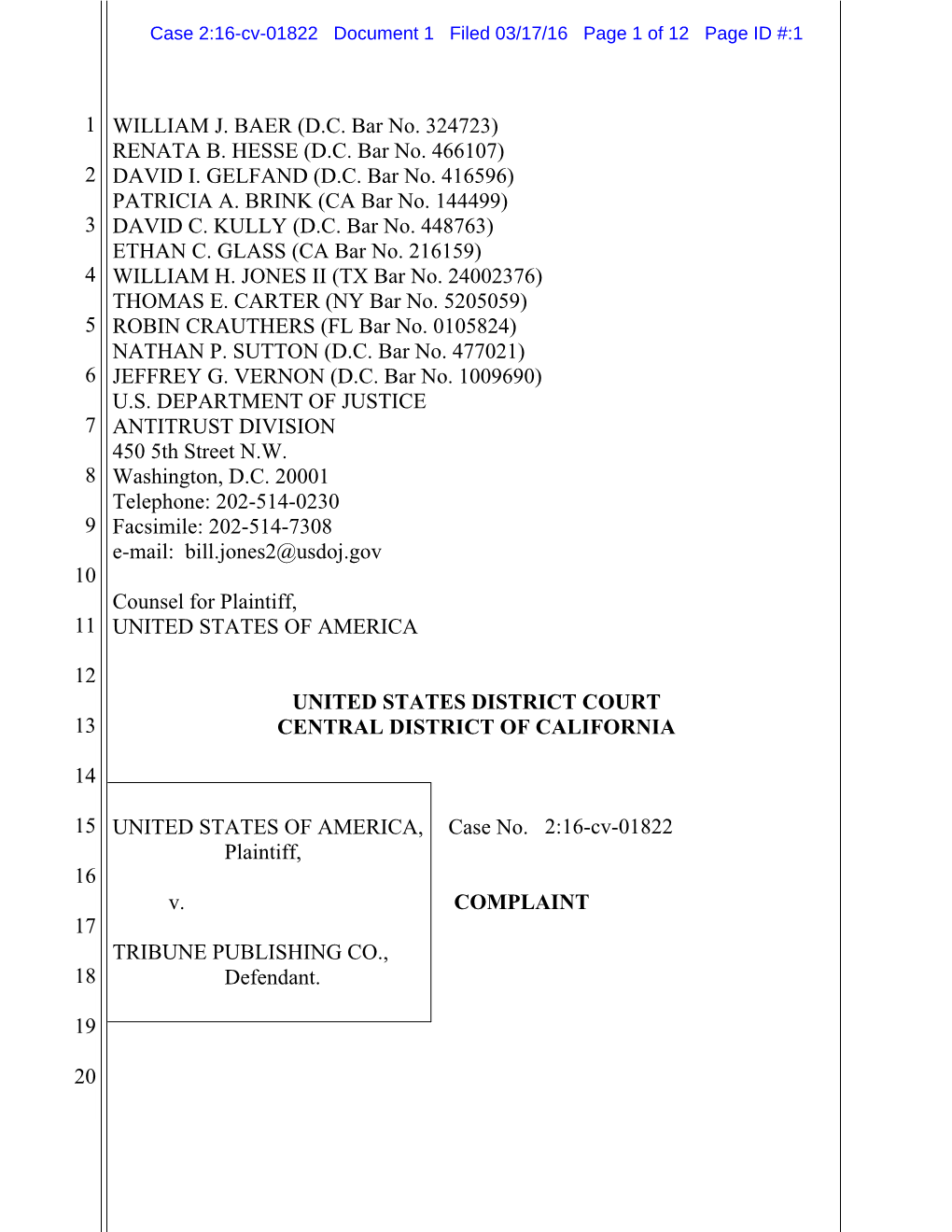 COMPLAINT 17 TRIBUNE PUBLISHING CO., 18 Defendant