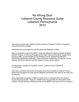 No Wrong Door Lebanon County Resource Guide 2013