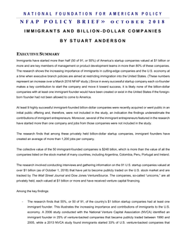 Immigrants and Billion-Dollar Startups, October 2018