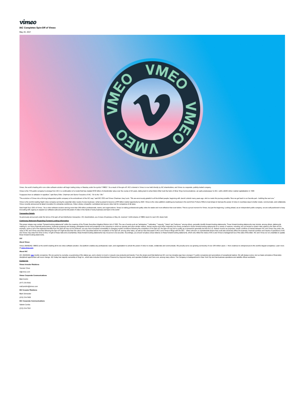 IAC Completes Spin-Off of Vimeo