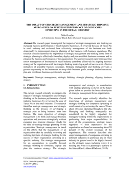 The Impact of Strategic Management and Strategic Thinking Approaches on Business Performance of Companies Operating in the Retail Industry