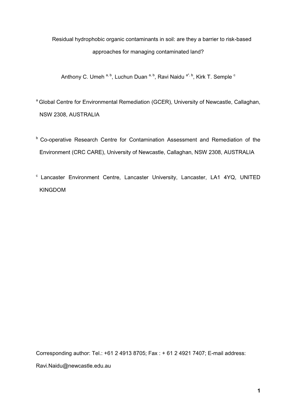 1 Residual Hydrophobic Organic Contaminants in Soil