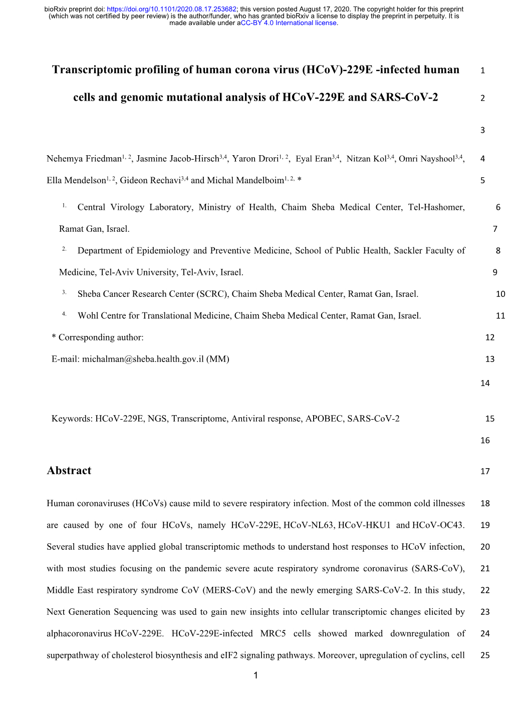 Transcriptomic Profiling of Human Corona Virus (Hcov)-229E -Infected Human 1