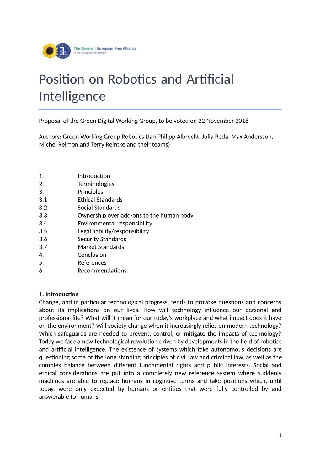 Position on Robotics and Artificial Intelligence