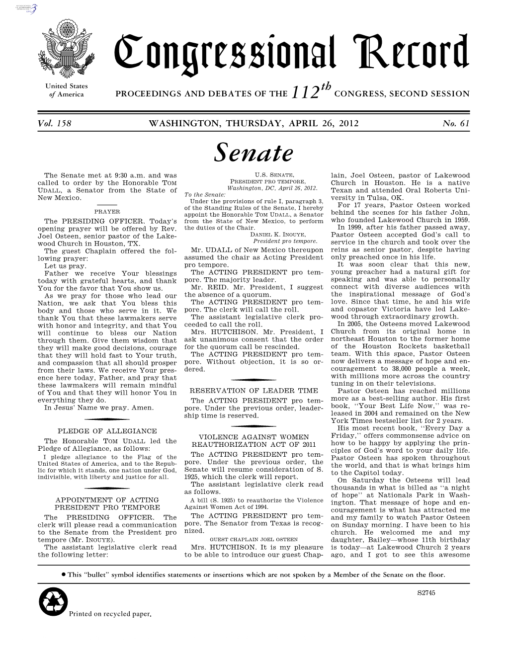 Congressional Record United States Th of America PROCEEDINGS and DEBATES of the 112 CONGRESS, SECOND SESSION