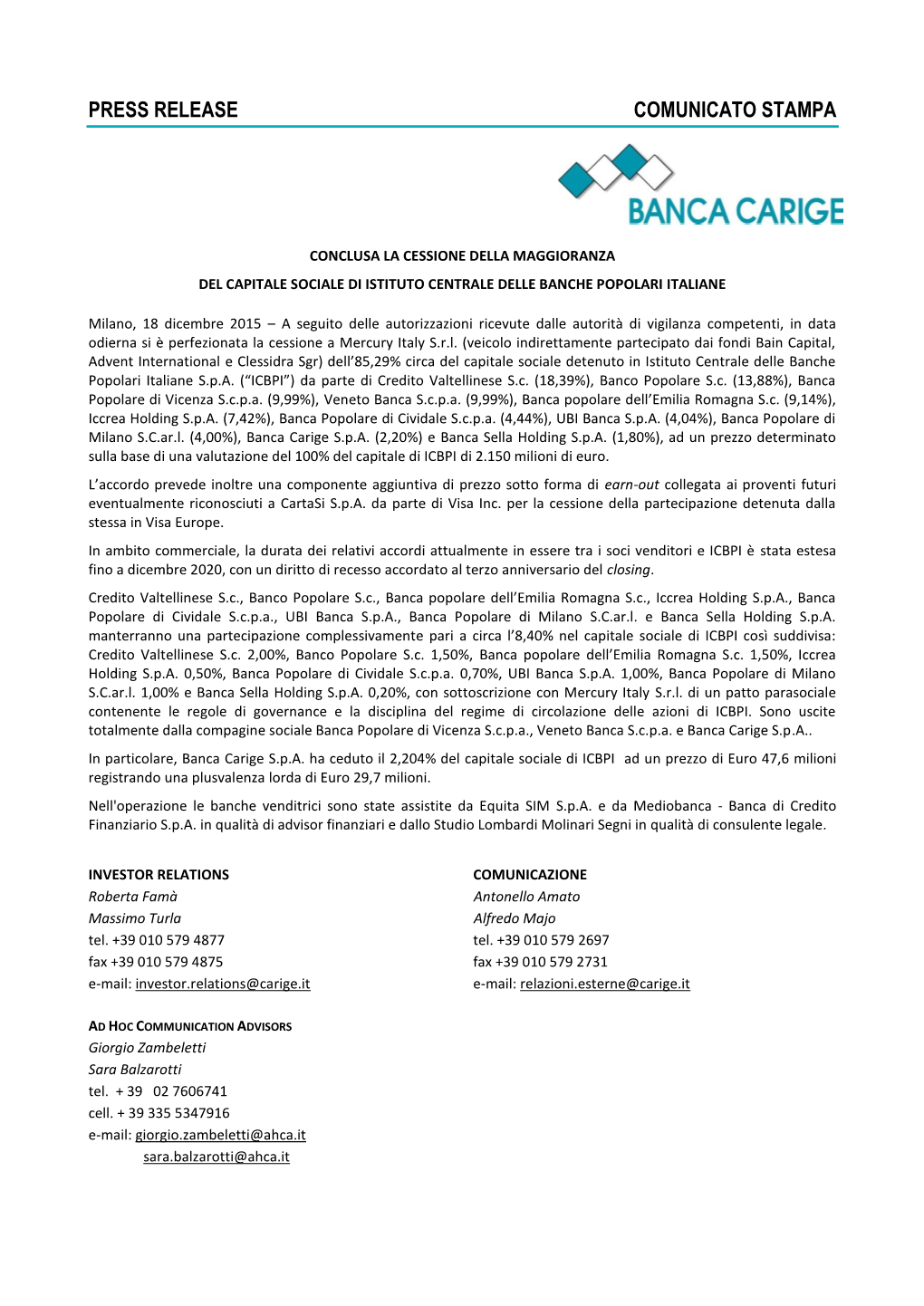 Press Release Comunicato Stampa