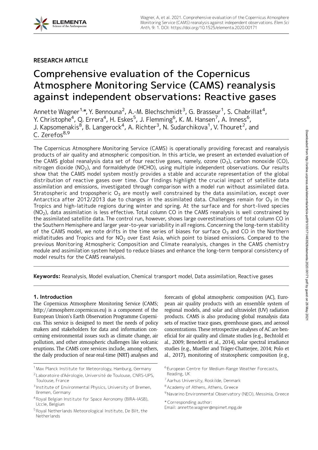(CAMS) Reanalysis Against Independent Observations: Reactive Gases