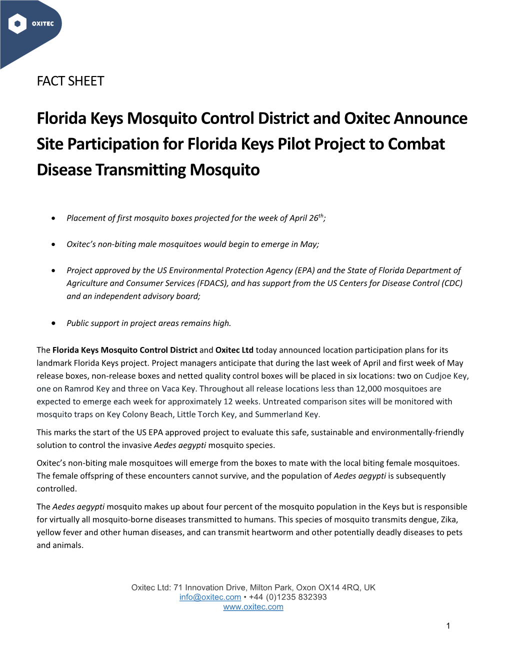 Florida Keys Mosquito Control District and Oxitec Announce Site Participation for Florida Keys Pilot Project to Combat Disease Transmitting Mosquito