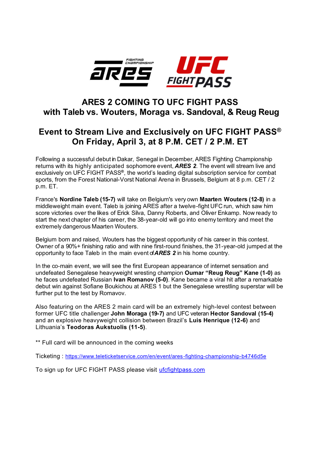 29 Feb ARES 2 Coming to UFC Fight Pass February 29, 2020