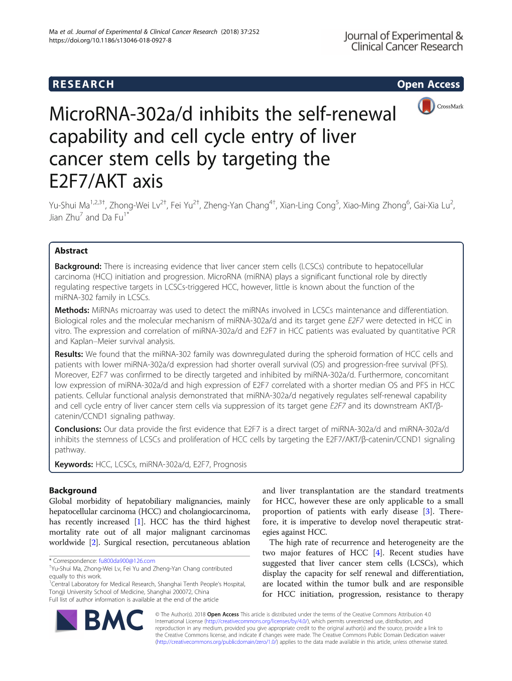 Microrna-302A/D Inhibits the Self-Renewal Capability and Cell Cycle Entry of Liver Cancer Stem Cells by Targeting the E2F7/AKT A