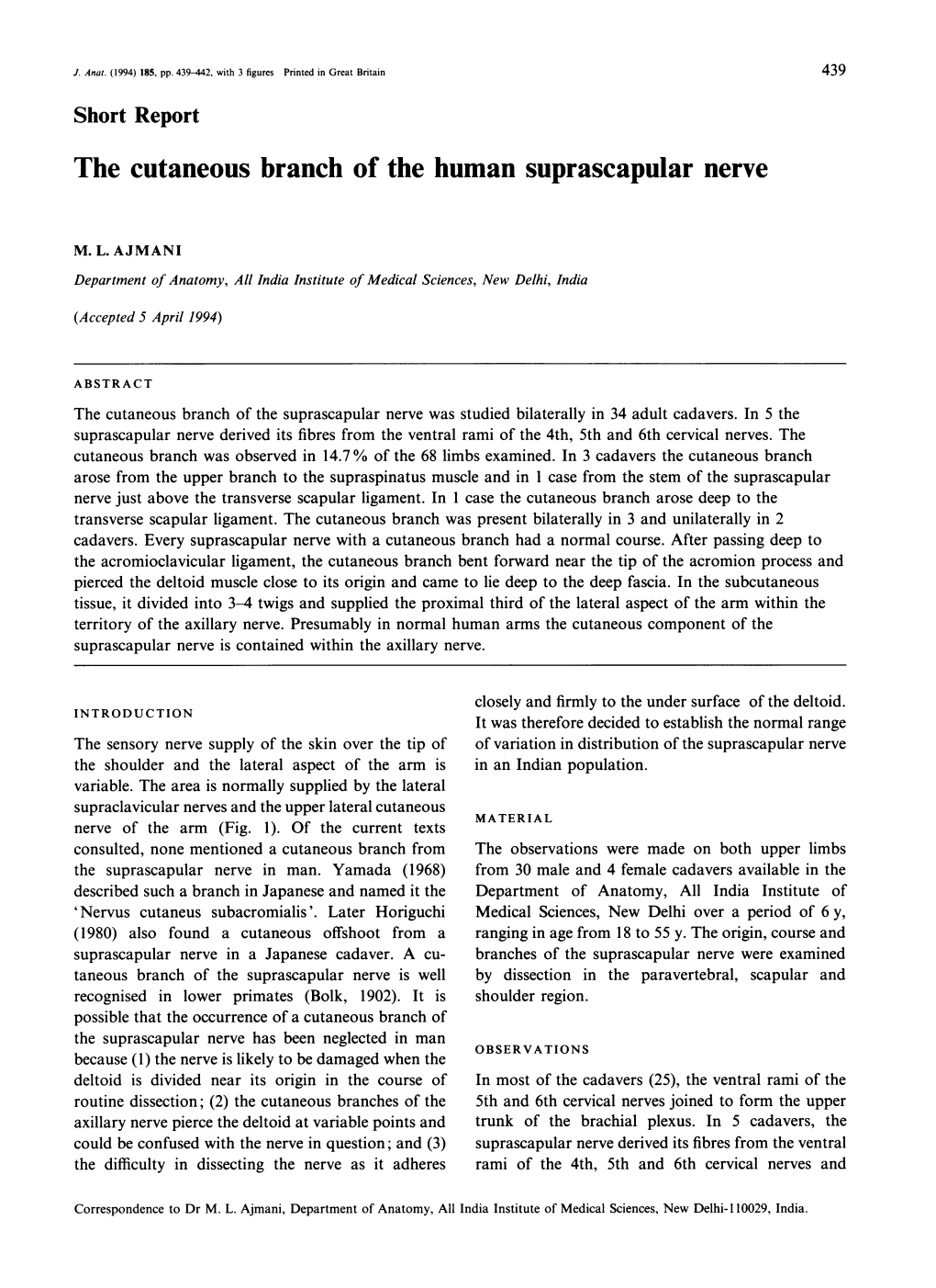 The Cutaneous Branch of the Human Suprascapular Nerve