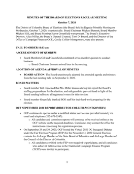 MINUTES of the BOARD of ELECTIONS REGULAR MEETING October 7, 2020 the District of Columbia Board of Elections (The Board) Held I