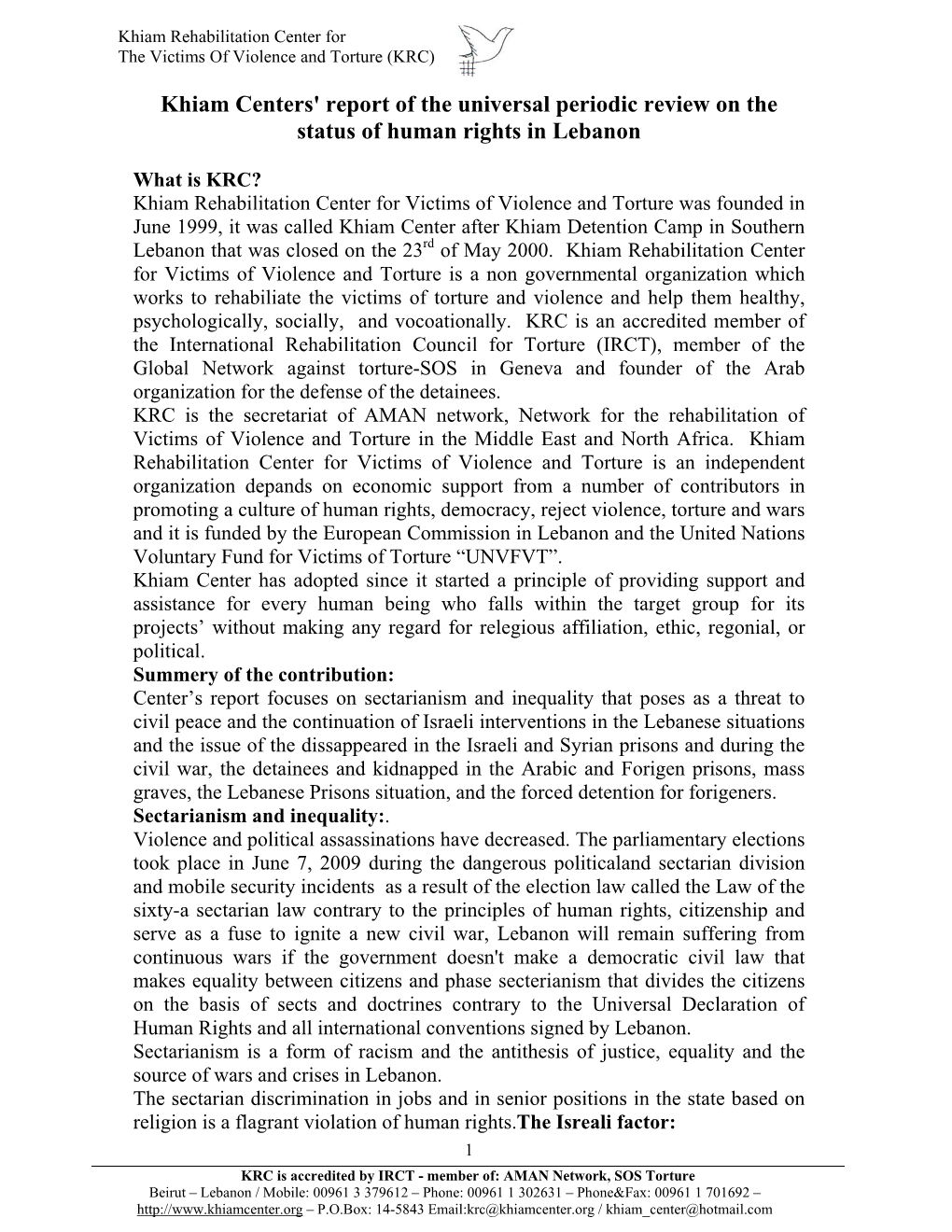 Khiam Centers' Report of the Universal Periodic Review on the Status of Human Rights in Lebanon