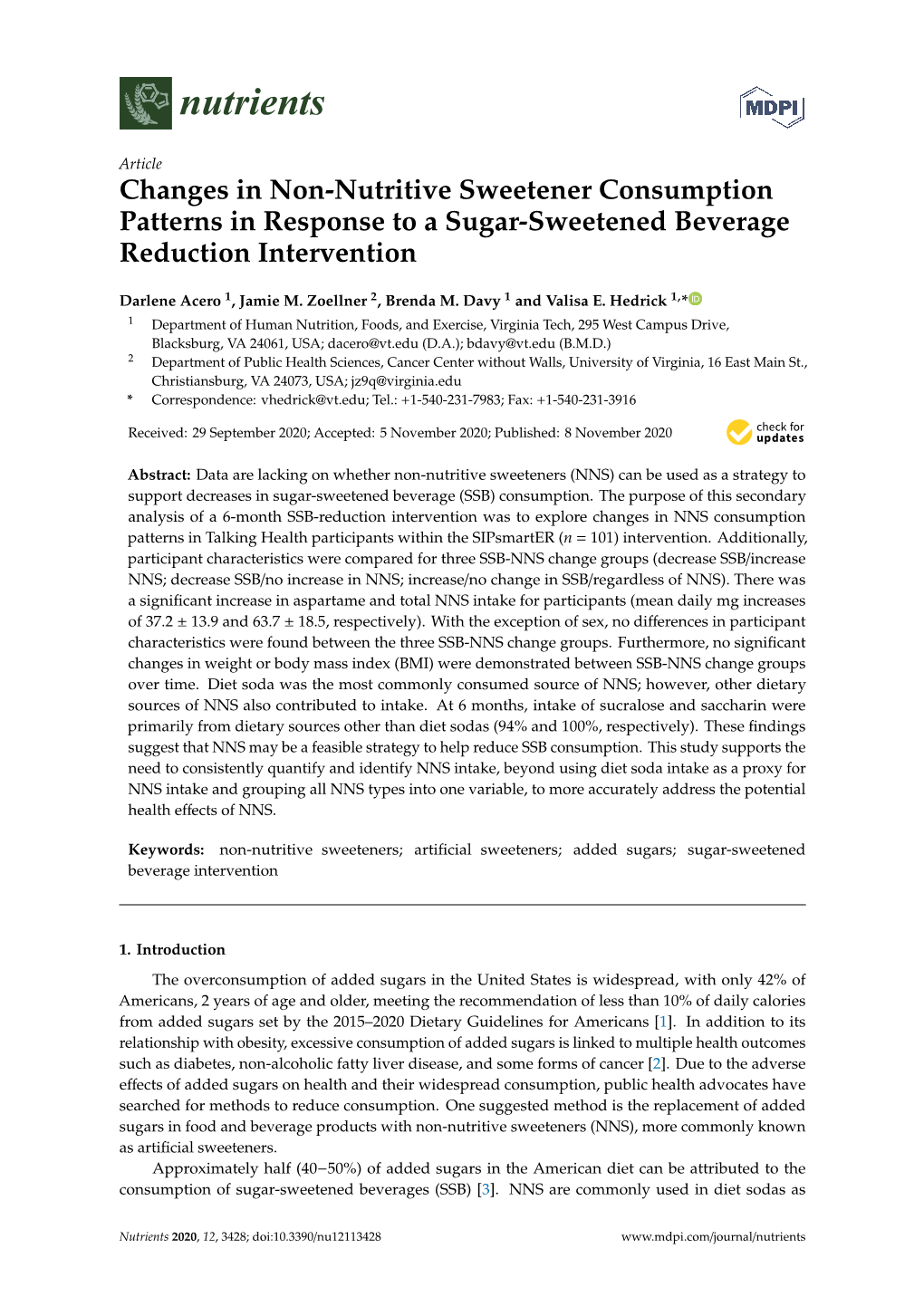 Changes in Non-Nutritive Sweetener Consumption Patterns in Response to a Sugar-Sweetened Beverage Reduction Intervention