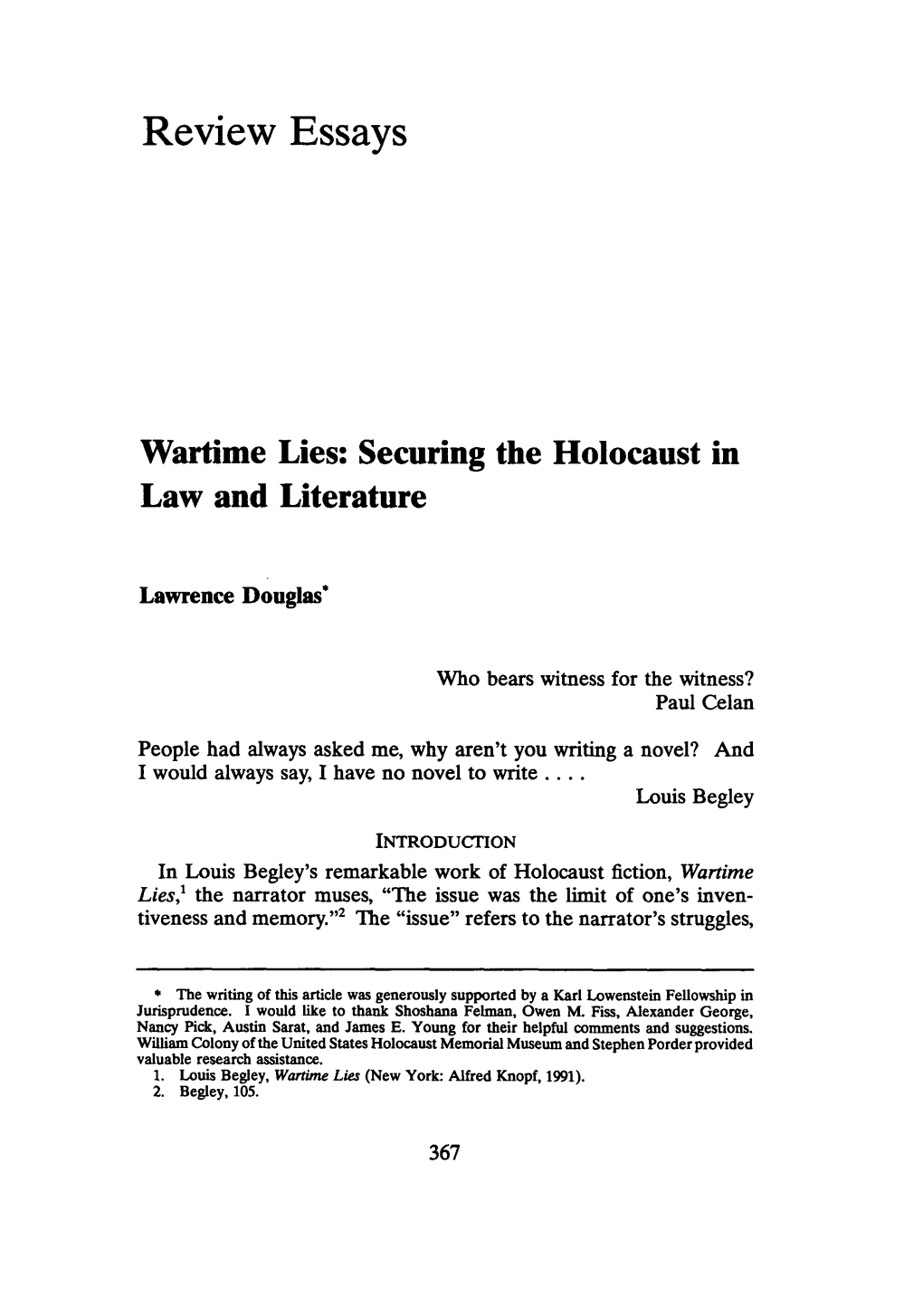 Wartime Lies: Securing the Holocaust in Law and Literature