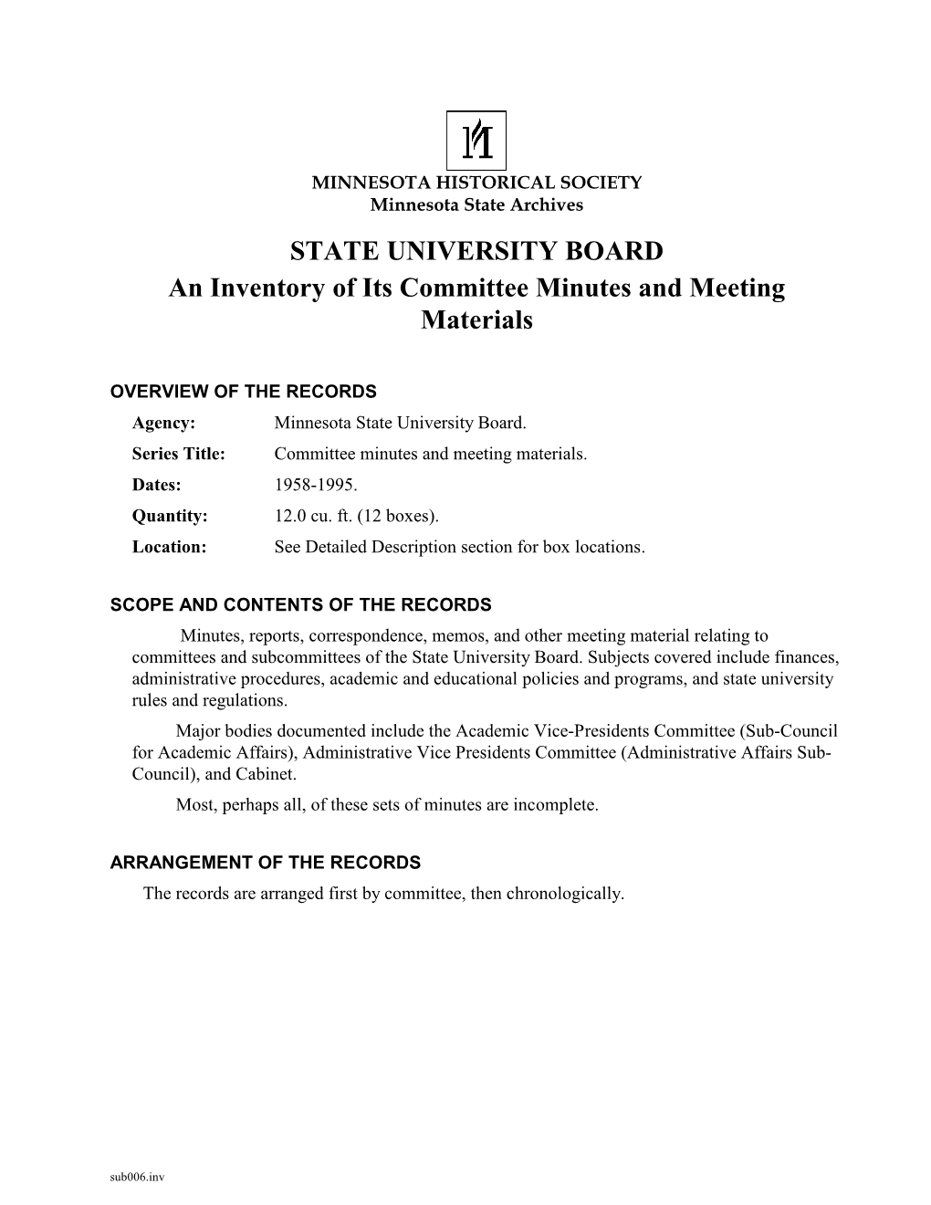 An Inventory of Its Committee Minutes and Meeting Materials